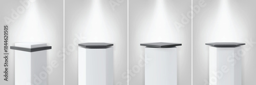 White and black cubes square and hexagon shape podium stand with spotlight, 3D presentation pedestals vector set