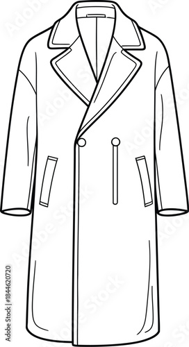 Elegant double breasted overcoat line drawing on white background fashion design