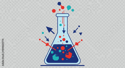 Colorful geometric science flask with abstract shapes on transparent background