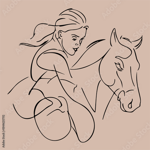 Minimalist line art illustration of woman and horse love, ready to print elements
