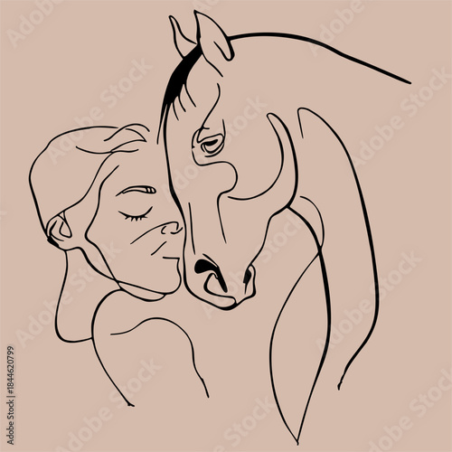 Minimalist line art illustration of woman and horse love, ready to print elements