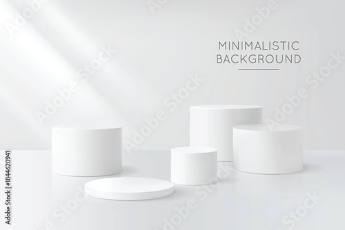 Minimalistic background with white round podium stands, 3D pedestals, platform for product presentation, stage showcase