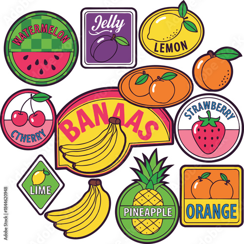 fruit sticker sheet with colorful cartoon labels featuring watermelon lemon cherry banana and more