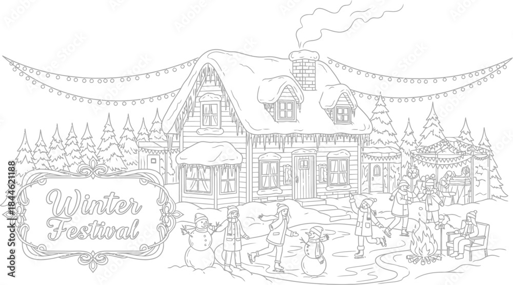 Obraz premium Winter festival scene with snow covered house and people skating on ice rink
