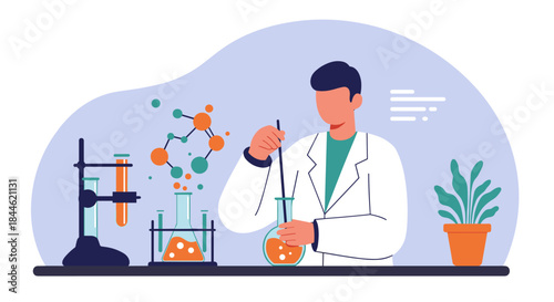 Scientist conducting experiment in laboratory with chemical flasks and molecular structure