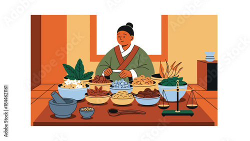 Traditional Taoist herbal medicine preparation illustrated in modern flat vector style, natural wellness concept, ideal for health, culture, and holistic content
