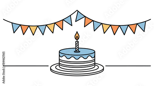 birthday cake with candle and festive bunting flags celebrating party event anniversary and joyful occasion minimal line illustration