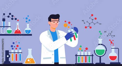 Scientist conducting experiments in modern laboratory with colorful chemical reactions