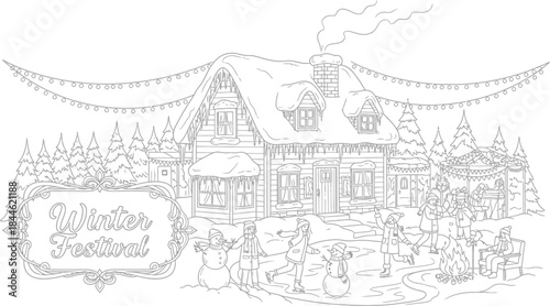 Winter festival scene with snow covered house and people skating on ice rink