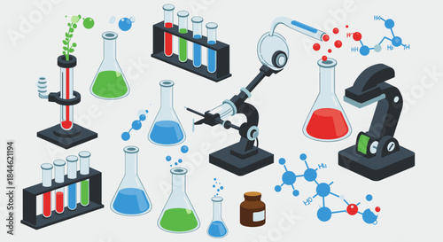 Isometric chemistry lab equipment with molecular structures and test tubes