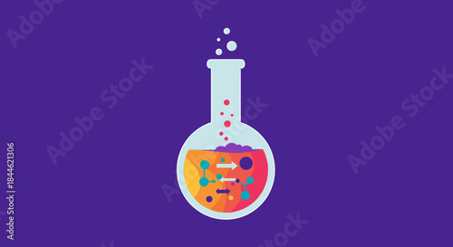 Colorful laboratory flask with scientific molecule pattern on purple background
