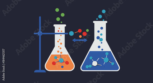 Chemistry lab equipment with colorful scientific experiment in flat design