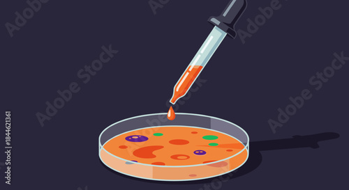 Isometric petri dish with dropper and colorful microorganisms on dark background