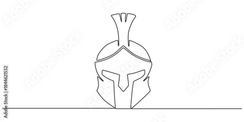 Continuous one line drawing of spartan helmet. Medieval, greek, roman, traditional, protection concept. Editable stroke vector, Continuous one line drawing of roman warrior helmet mask. One line pro.