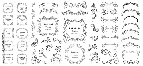 Calligraphic design elements . Decorative swirls or scrolls, vintage frames , flourishes, labels and dividers. Retro vector illustration