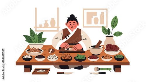 Traditional Taoist herbal medicine preparation illustrated in modern flat vector style, natural wellness concept, ideal for health, culture, and holistic content
