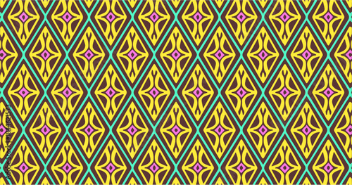 Colorful seamless geometric ethnic pattern with diamond shapes, vibrant decorative design ideal for textile, fabric, wallpaper, and modern surface backgrounds.
