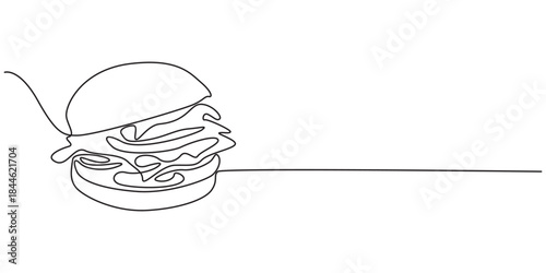 continuous one line of delicious sandwich burger fast food or junk food. Sketch drawing editable stroke concept vector illustration for meal cafe or restaurant