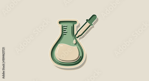 Paper cut style laboratory flask with dropper and liquid on neutral background