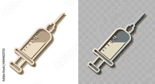 Medical syringe icon with shadow effects on transparent and solid background
