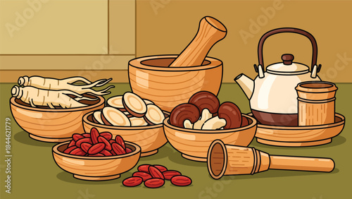 Traditional Taoist herbal medicine preparation illustrated in modern flat vector style, natural wellness concept, ideal for health, culture, and holistic content