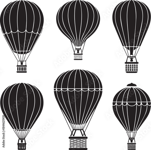 create Vintage Hot Air Balloon Silhouette - Adventure, Travel, and Sky Journey Vector Icon.