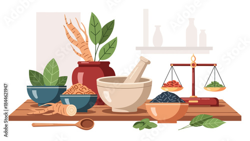 Traditional Taoist herbal medicine preparation illustrated in modern flat vector style, natural wellness concept, ideal for health, culture, and holistic content