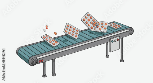 Isometric conveyor belt with medicine blister packs and capsules for pharmaceutical manufacturing
