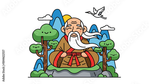 Taoist longevity philosophy illustrated with peaceful elderly figure, modern flat vector design, ideal for wellness, spirituality, and healthy lifestyle visuals