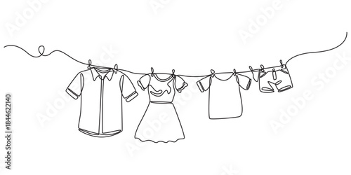Continuous one line drawing of laundry hang on clothline. Vector illustration, Hand drawn hanging laundry, Family with two children represented by their clothes drying outside in a casual setting.