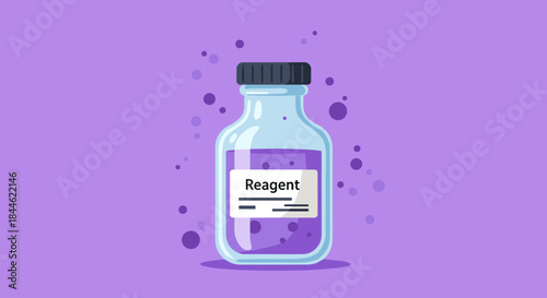 Purple reagent bottle on vibrant background with splash elements