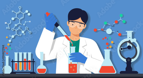 Scientist in lab conducting experiment with chemical apparatus in modern flat design
