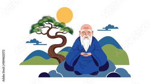 Taoist longevity philosophy illustrated with peaceful elderly figure, modern flat vector design, ideal for wellness, spirituality, and healthy lifestyle visuals