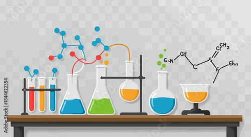 Colorful laboratory glassware with chemical structures on transparent background