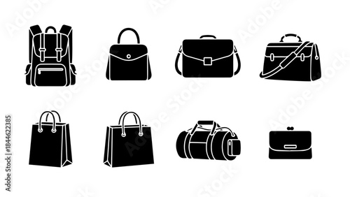 Black Bag Icon Set – Backpack Handbag Travel and Shopping Bags