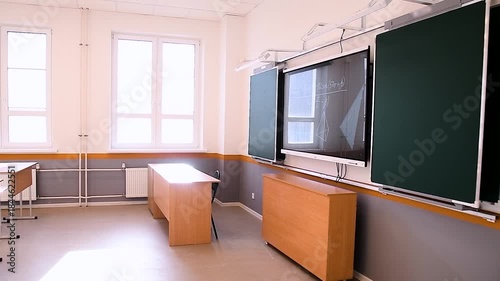 A modern classroom in a school or educational institution. A blackboard with several chalk writing panels and an interactive digital panel.