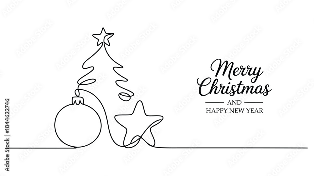 Obraz premium Minimal line art christmas tree with ornaments and merry christmas happy new year lettering, modern festive holiday greeting illustration