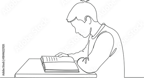 Continuous line drawing of a student reading a book at a desk in a classroom