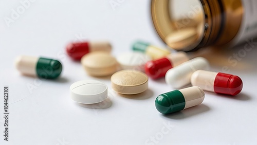 Assorted Pharmaceutical Pills and Capsules Spilled from a Bottle