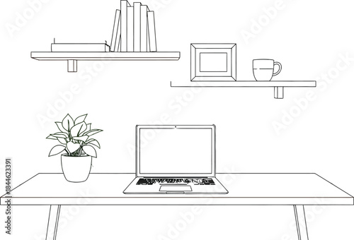 Minimalist workspace setup with laptop plant and shelves in a bright room