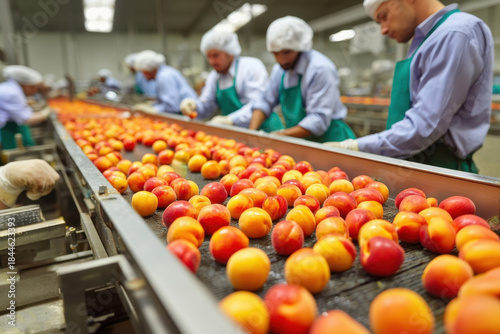 Workers carefully handling and sorting fresh apricots on a conveyor belt in a food processing factory