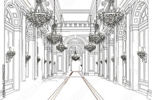 Grand hall with chandeliers and red carpet leading to an illuminated doorway