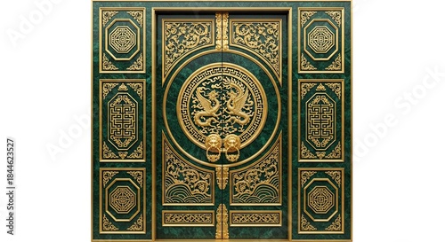 Elaborate golden dragon door on green panel background creating opulent imagery