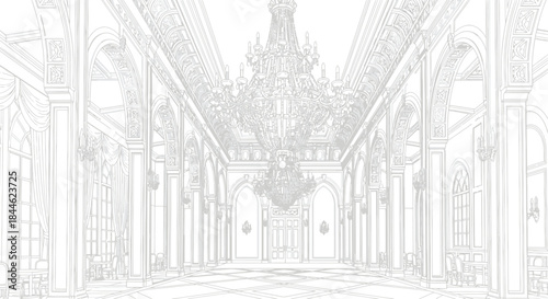 Elegant ballroom interior with chandeliers and arched windows line art design