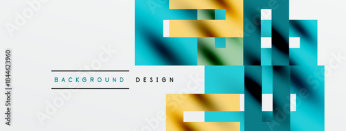 Abstract geometric pattern. Overlapping rectangles create layered visual effect. Light blue, gold, white colors dominate composition. Modern design element.