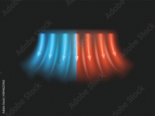 Air flow, red and blue arrows showing wind direction of air movement, cold and hot streams vector on black background