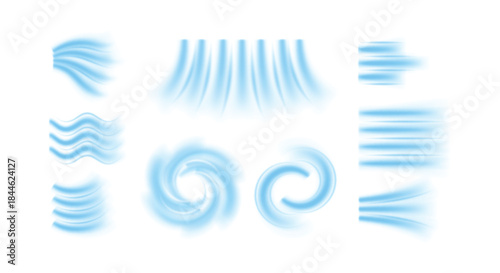 Cold air flow vector set, blue fresh streams showing wind motion, straight, swirl and wave direction of air movement