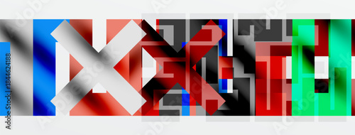 Abstract graphic design features layered text elements. Colors blend, creating dynamic visual impact. Bold shapes dominate composition.