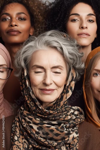 Vertical portrait of group of women of different nationalities. The concept of supporting women around the world in connection with the celebration of International Women's Day.