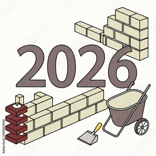 Isometric illustration of the year 2026 constructed from building bricks with a wheelbarrow and trowel suggesting construction and development